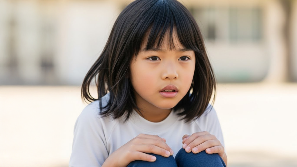 体育座りをして顔色が優れない女の子【顔色が悪い・息切れなど酸素不足のサイン】