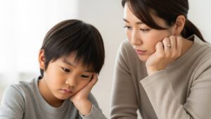 勉強に集中できず悩む小学生と心配する母親【子供のイライラ・集中力低下と鉄分不足】