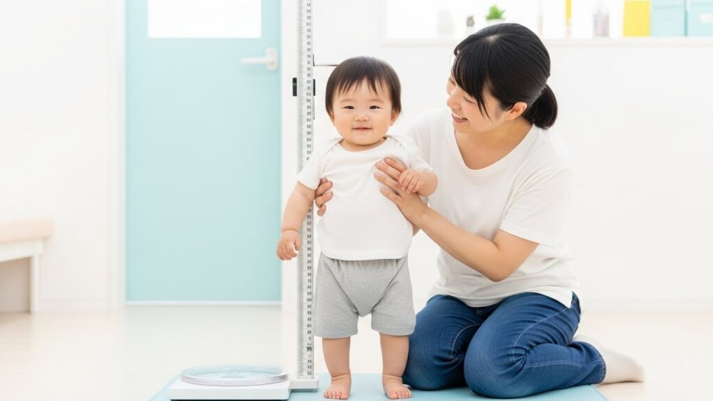 身長計で成長を記録する赤ちゃんと母親【成長期に伴う鉄分必要量の増加】
