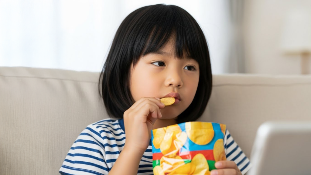 ソファでスナック菓子を食べる子供【インスタント食品や偏食による栄養バランスの乱れ】
