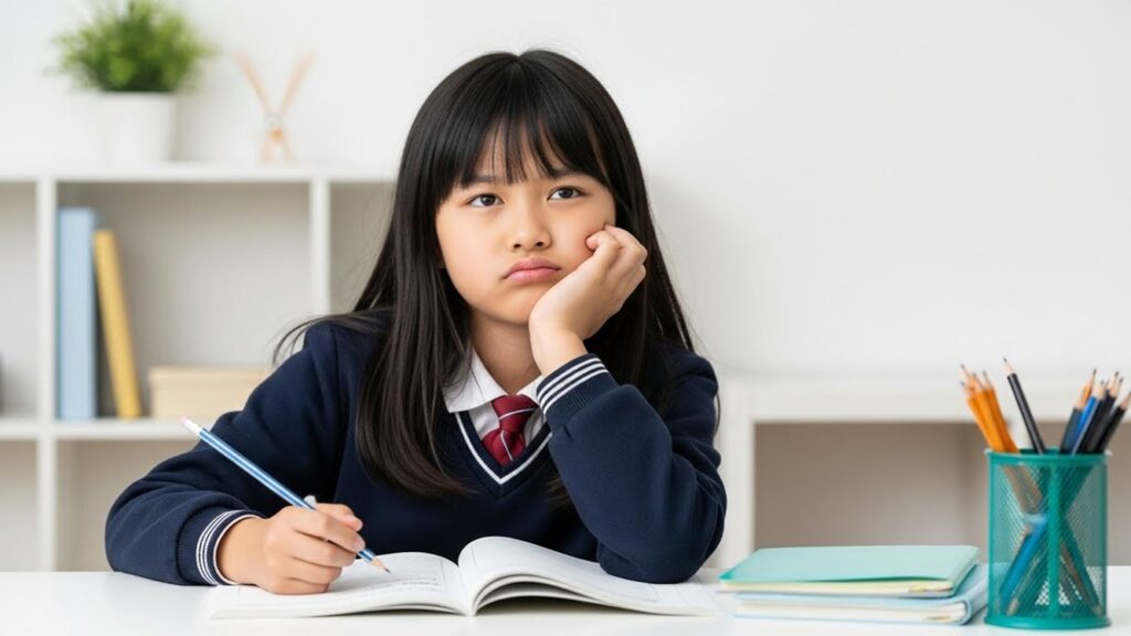 勉強中に集中力が続かず頬杖をつく子供【鉄分不足による学習面への影響】
