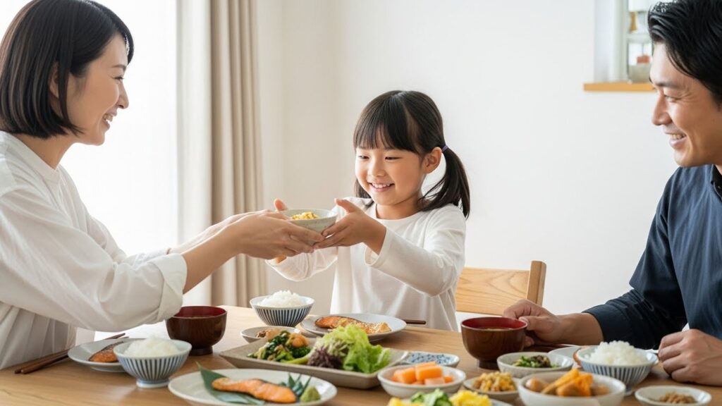 鉄分豊富な栄養バランスの整った食事を笑顔で囲む親子【子供の貧血予防の食事】