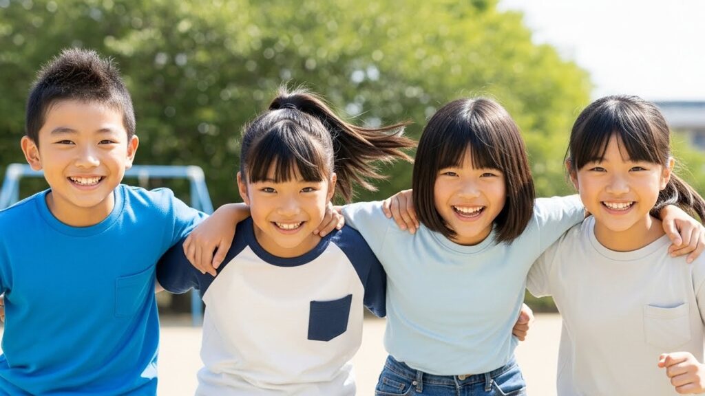 笑顔で肩を組む元気な小学生たち【鉄分摂取で支える子供の健やかな成長】