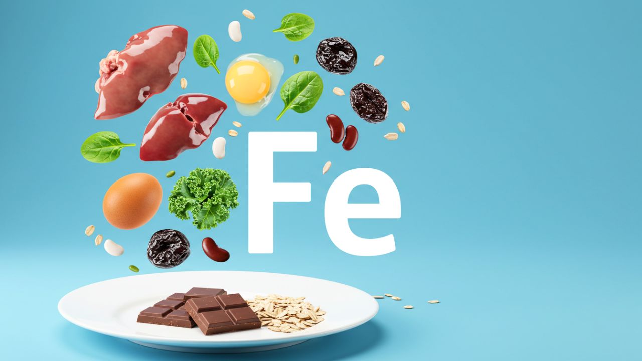鉄分の象徴“Fe”とともに浮かぶ肉類・野菜・豆類などの食品。日常的な鉄分摂取量を意識して選びたい食材の例