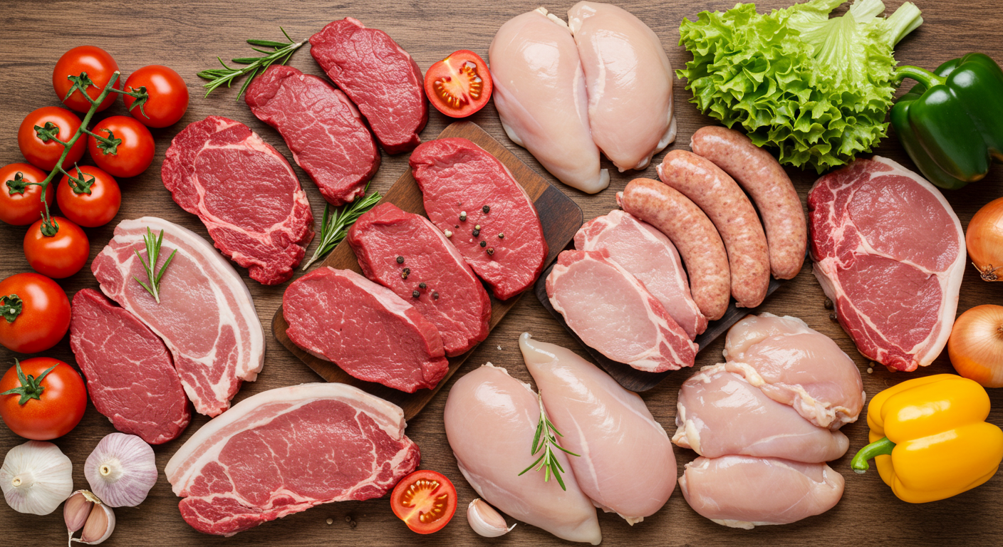 鉄分を豊富に含む赤身肉と鶏肉、野菜を並べた食材プレート。肉はヘム鉄の供給源として鉄分不足対策に有効