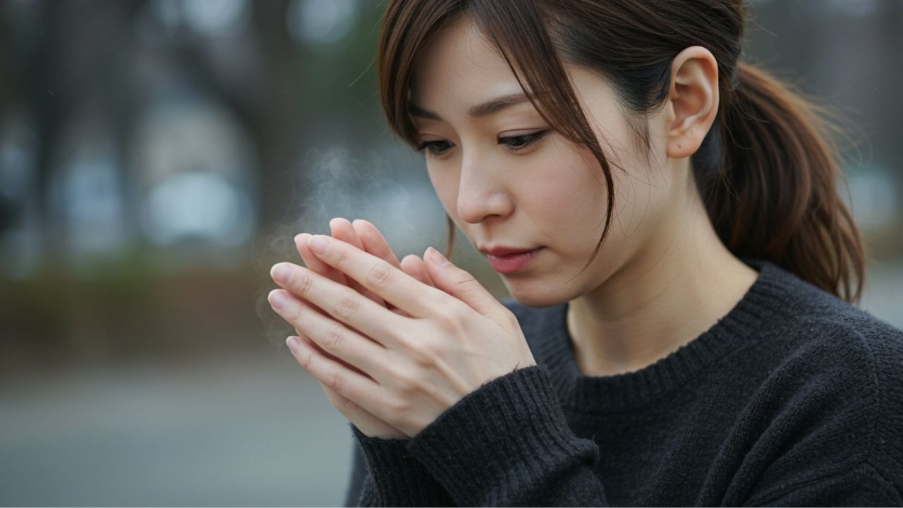 手足の冷えに悩み、手をこすり合わせる女性。鉄分不足による貧血と冷え性の関係が疑われる典型的な症状のひとつ