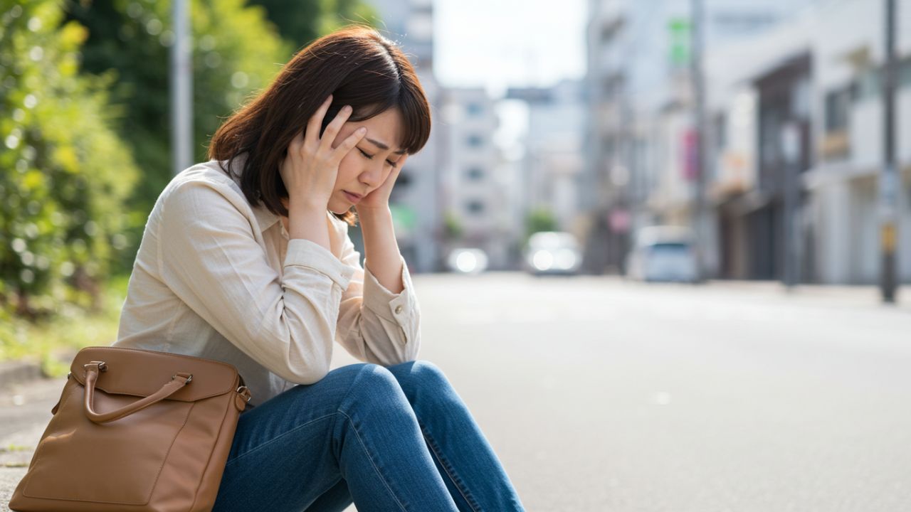 鉄分不足による症状である疲労感やめまいを感じ、外出中で顔を覆う女性