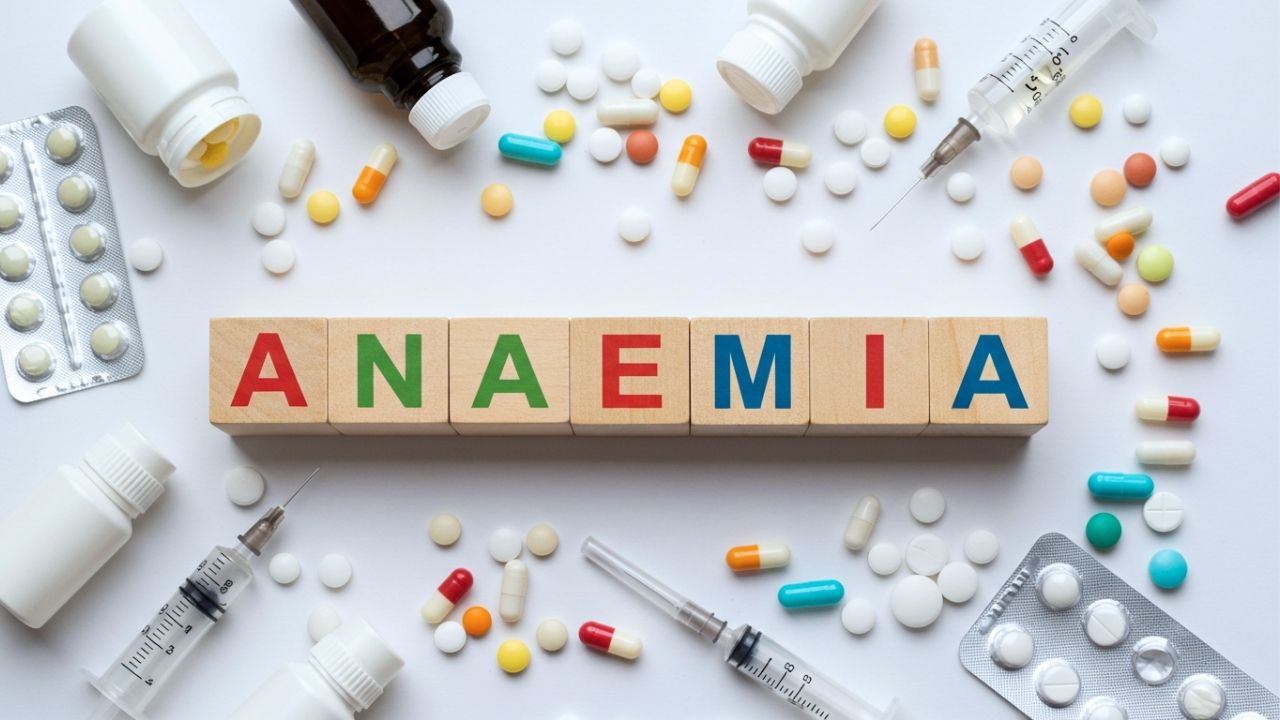 「ANAEMIA（貧血）」の文字が並んだ木製ブロックと、周囲に広がるカプセルや錠剤、注射器などの医療用品。貧血に関する血液検査の重要性や数値の見方を象徴するビジュアル。