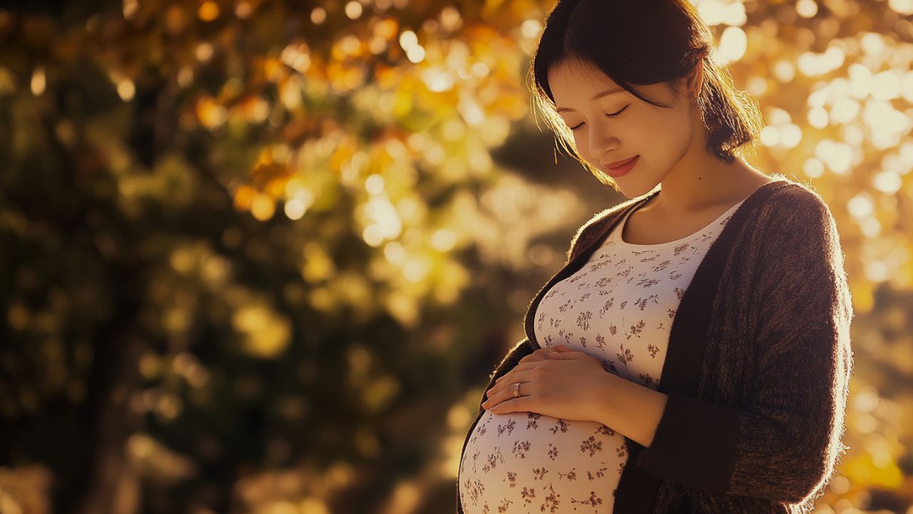 紅葉の中でお腹を優しく抱える妊婦の姿。妊娠中の貧血予防や鉄分補給の大切さを意識した健康管理の象徴。