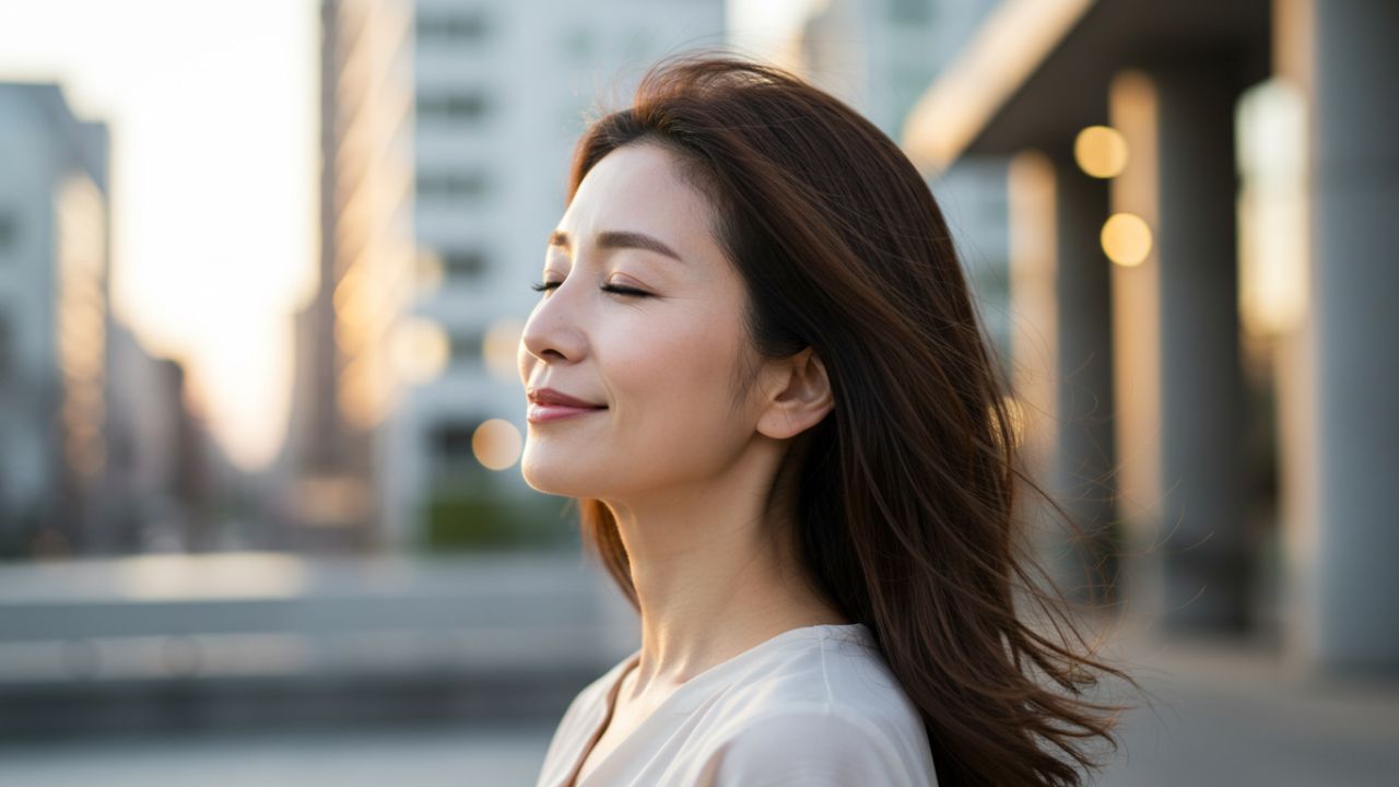 老化を遅らせるライフスタイルを実践する女性。外見と内面の若さを保つための生活習慣を象徴するビジュアル。老化を遅らせる方法を紹介する記事冒頭に最適。