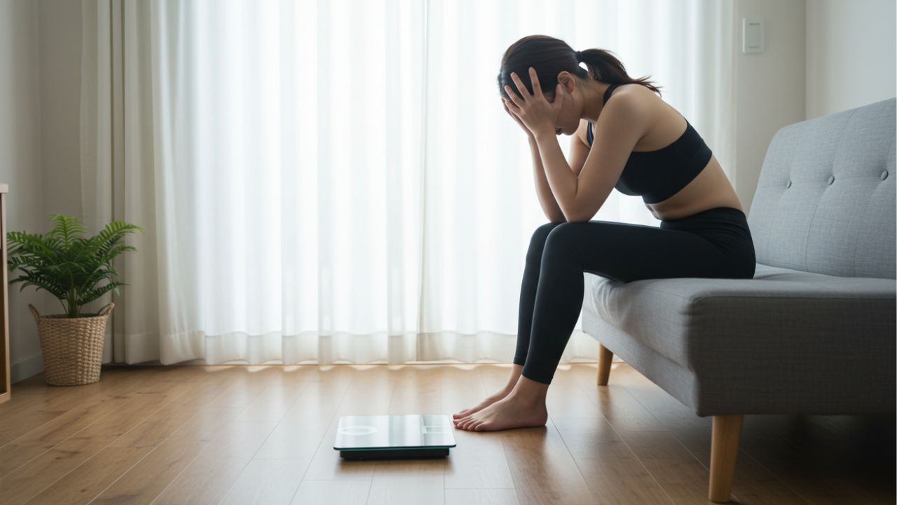 ダイエット中に体調不良を感じ悩む女性。貧血の兆候に気づき、原因を探す場面。貧血 ダイエットの関係性を解説する記事の導入イメージに最適。