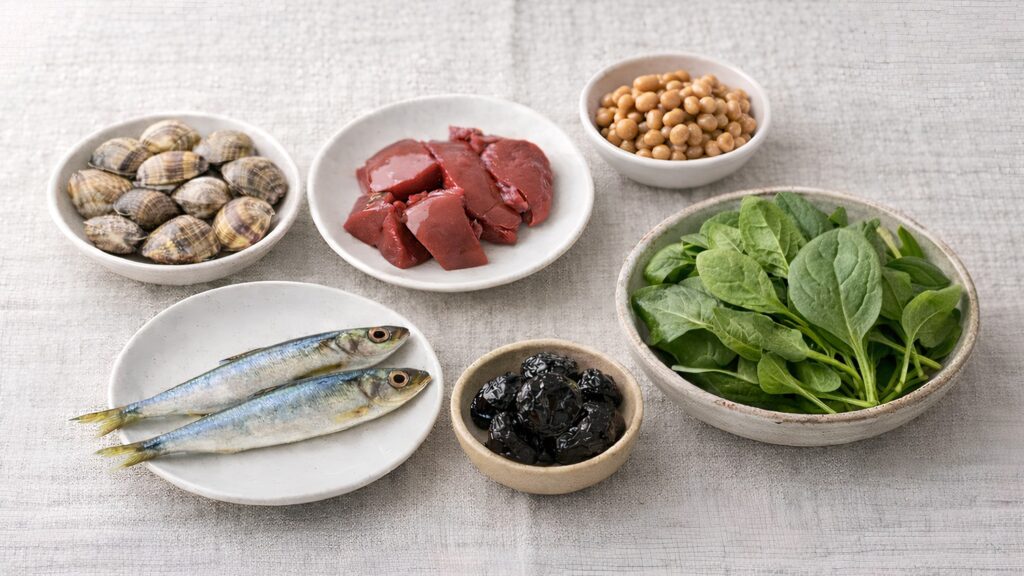 貧血予防に効果的な鉄分を多く含む食品（レバー・ほうれん草・魚介類）