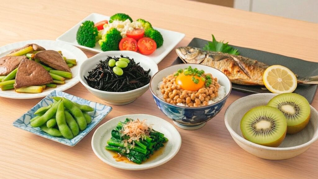 鉄欠乏性貧血の改善・予防に効果的なヘム鉄を多く含む食品（レバー・魚・小松菜など）