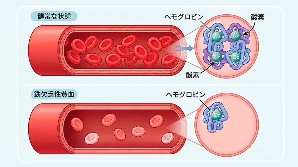 健康な血液と鉄欠乏性貧血の血液におけるヘモグロビンと酸素運搬量の比較イラスト