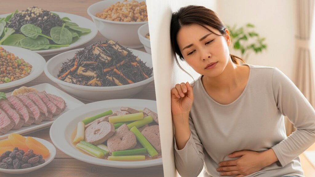 鉄欠乏性貧血の主な原因となる食事での鉄分摂取不足と月経過多による出血のイメージ