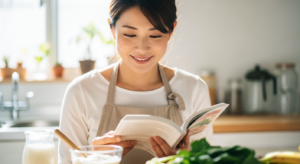 貧血対策と免疫力アップに効果的な食べ物のイメージ。鉄分豊富な赤身肉や野菜が並ぶ健康的な食事の風景。