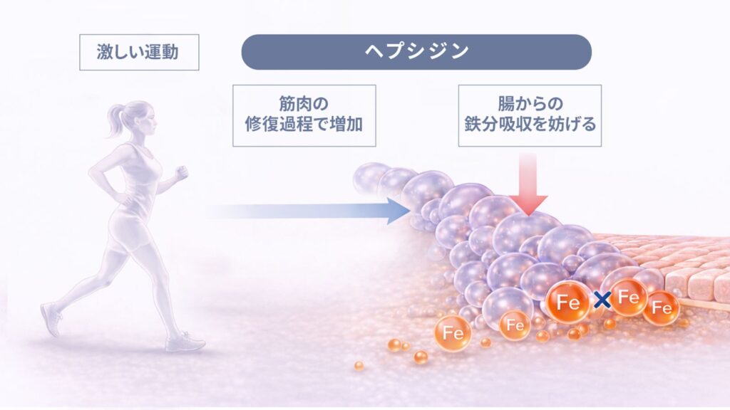 運動直後の消化機能低下により、食事から摂取した鉄分の吸収効率が一時的に妨げられるイメージカット。