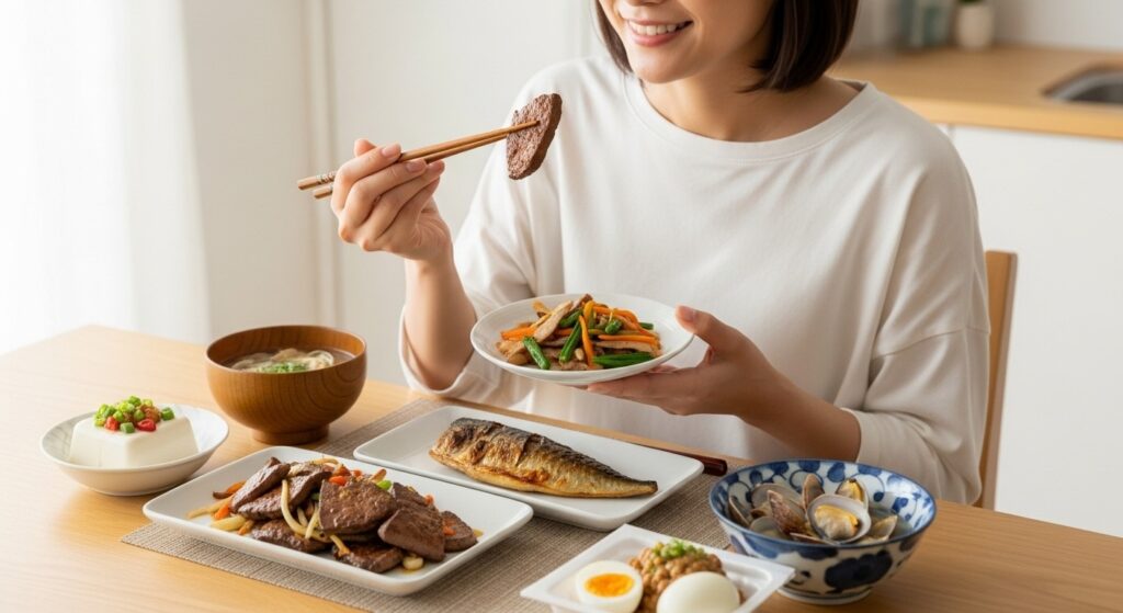 血液を作る3つの重要栄養素（鉄分・ビタミンB12・タンパク質）のイラスト