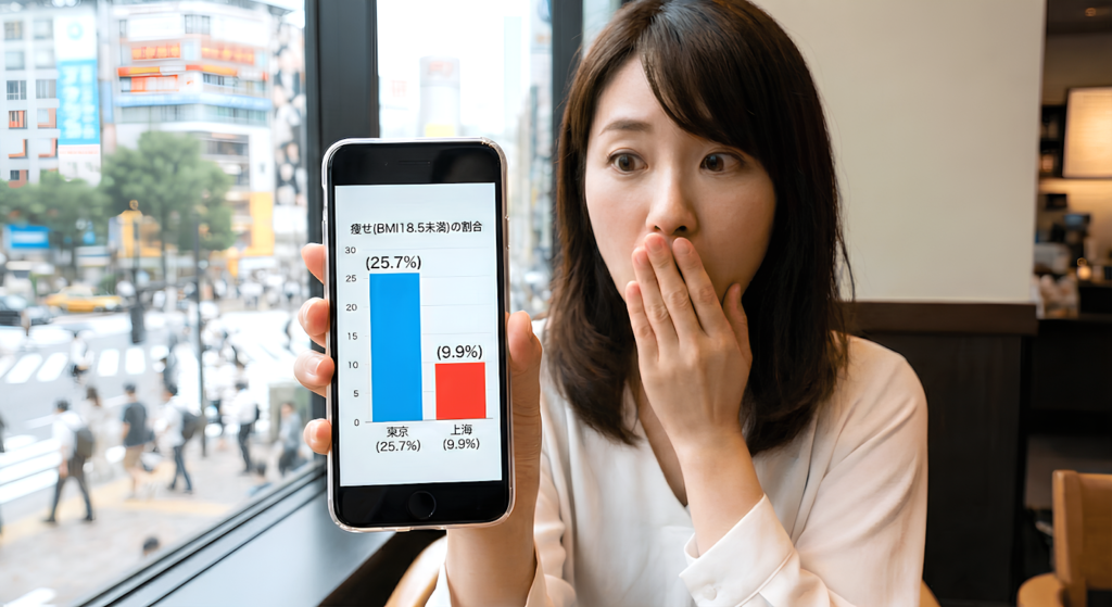東京と上海の女性の痩せ型（BMI18.5未満）割合の比較グラフ