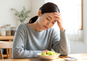 ダイエット中の食事制限で立ちくらみや疲れを感じる女性のイメージ