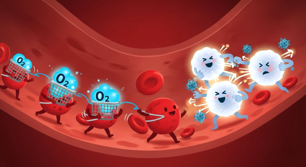 鉄分不足によりエネルギー代謝が低下した免疫細胞（白血球）のイメージ図