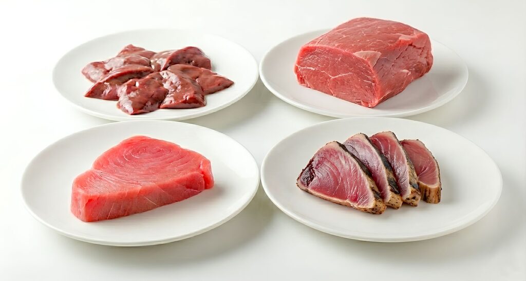 マグロや赤身肉など、ヘム鉄を豊富に含む「赤い食材」の例。スポーツ中のスタミナ切れを防ぐ効率的な食事対策。