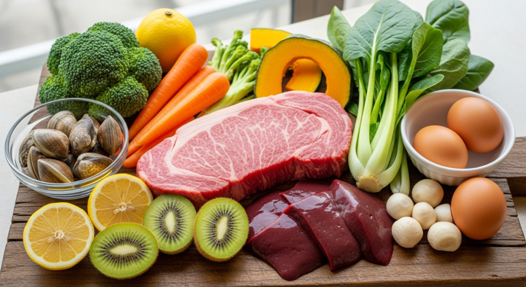 鉄分、ビタミンA、ビタミンCを豊富に含む食材（ブロッコリーやキウイ等）の比較