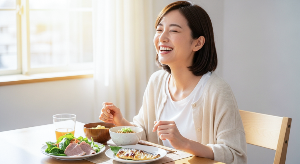疲れや風邪に悩む女性と、免疫力を高めるための健康的な食事のイメージ