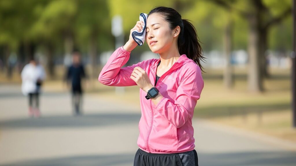 運動中に息切れやだるさを感じる女性の姿。スポーツ貧血の原因とスタミナを維持する食事対策を解説。